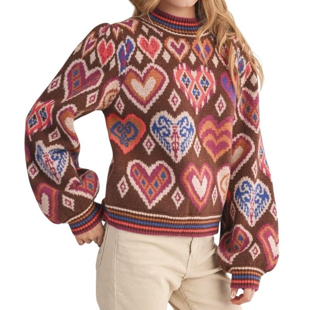 &Merci‎ Sweater Top ENMerci Women's Small Heart Valentines Day Boho Cozy NWOT